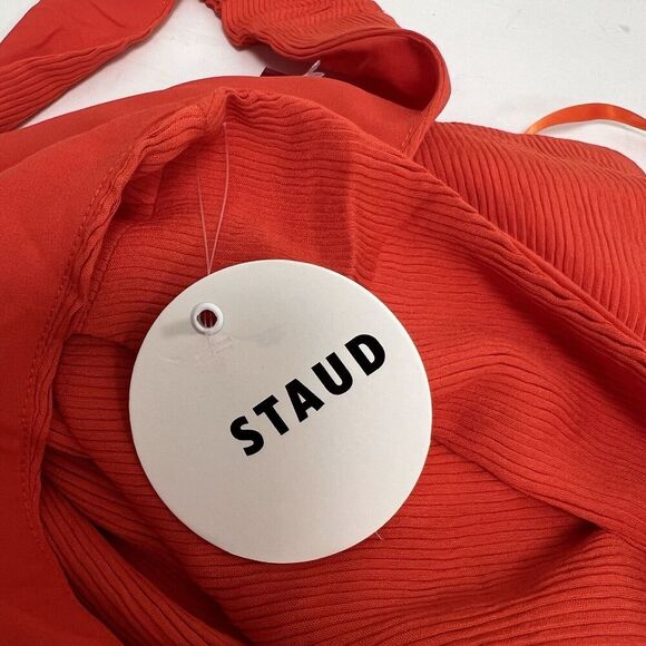 STAUD Prismatic Dress with cut-out Side Slit Off Shoulder Papaya Orange Size 6 - Picture 10 of 14